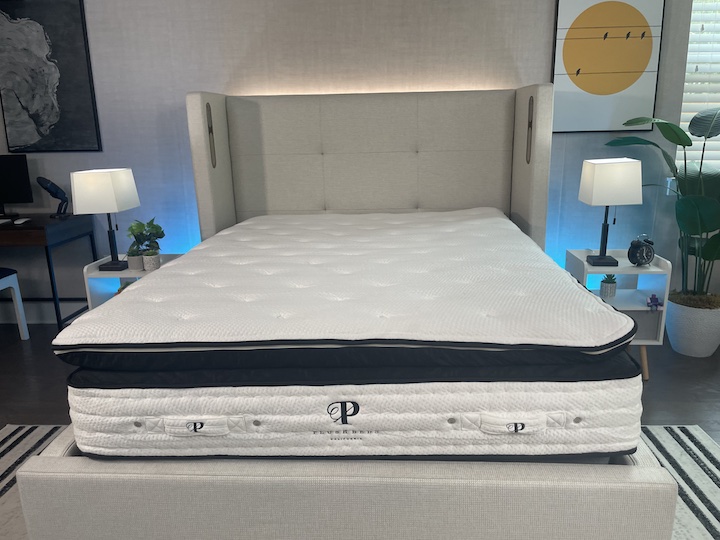 the PlushBeds Signature Bliss mattress sits on a bedframe